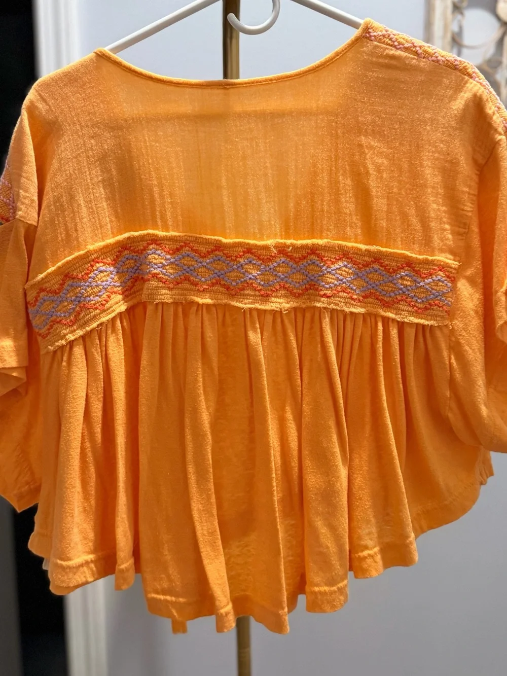Free People Orange Embroidered Peasant Top